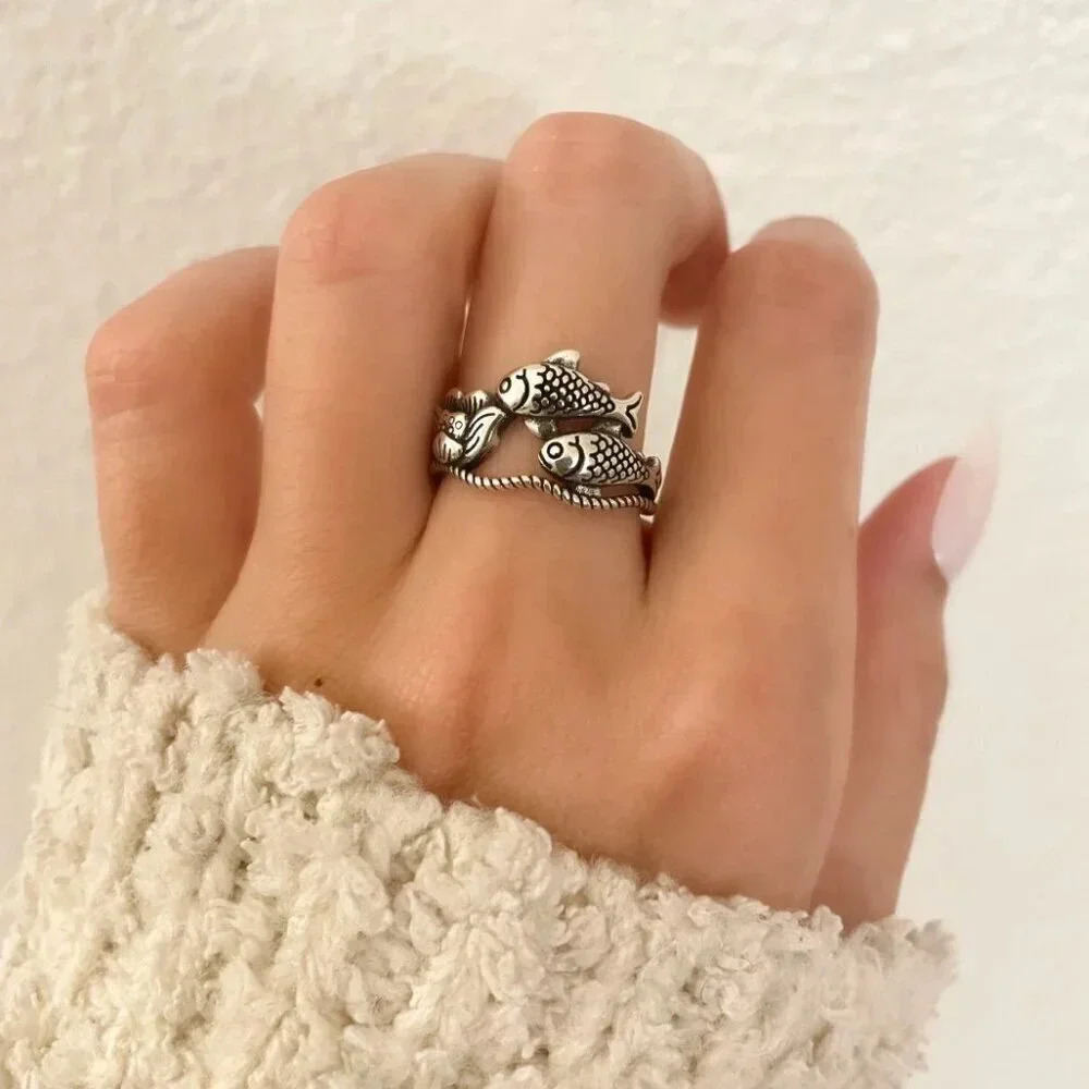 925 Sterling Silver Fish Ring School of Fish Ring Dainty Adjustable Ring - Picture 2 of 10